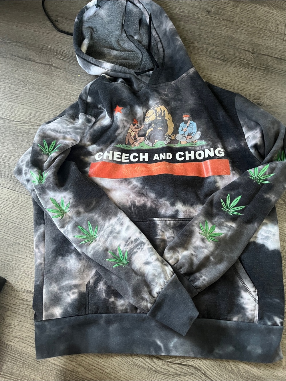 Cheech and Chong Black Tie-Dye Graphic Hoodie with Green Leaf Accents